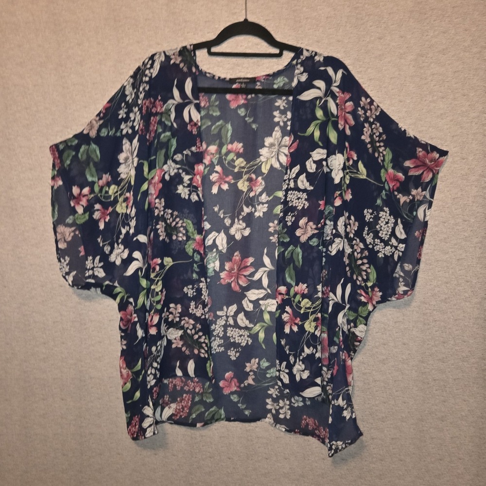 Ambiance Floral Kimono Women's Large Sheer Navy Blue Open Cardigan